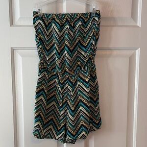H&M Teal, Black & Cream Strapless Chevron Romper